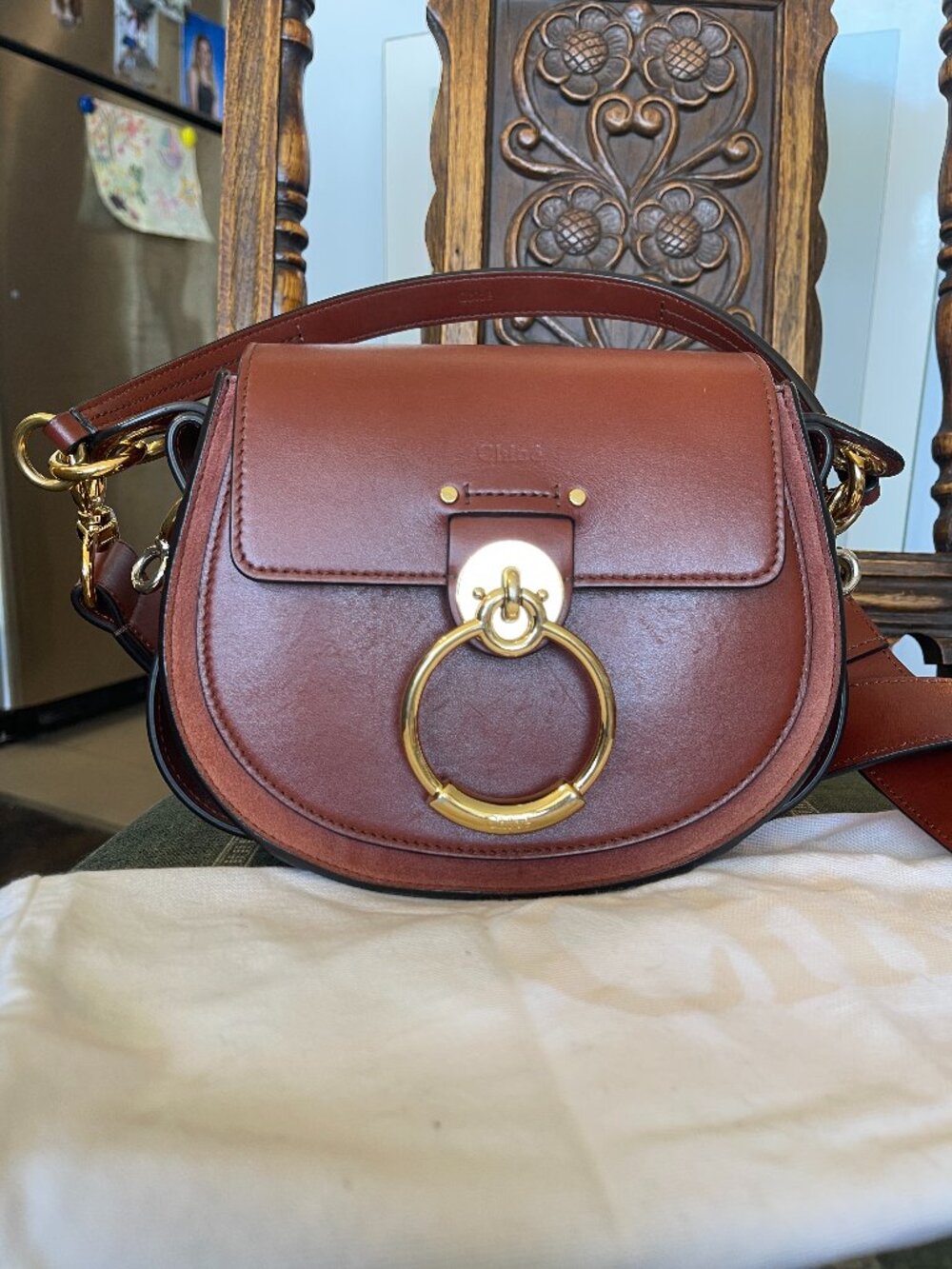 CHLOE TESS MINI LEATHER CROSSBODY OR HANDHELD HANDBAG IN COGNAC